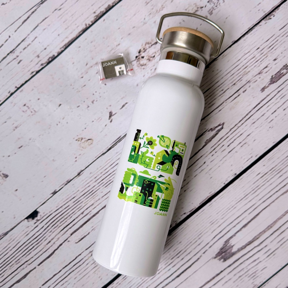 SUPER RARE Joann Fabrics Branded Graphic Stainless Steel Water Bottle & Pin! NEW